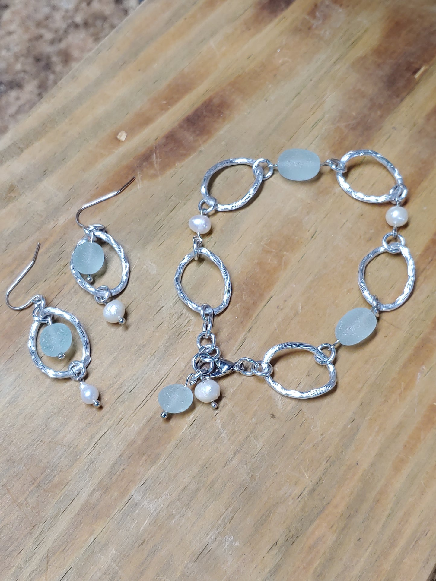 Aluminum Sea Glass & Pearl Bracelet or Earrings
